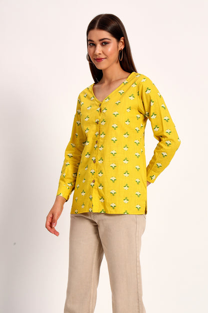 Yellow Floral Print V Neck Shirt