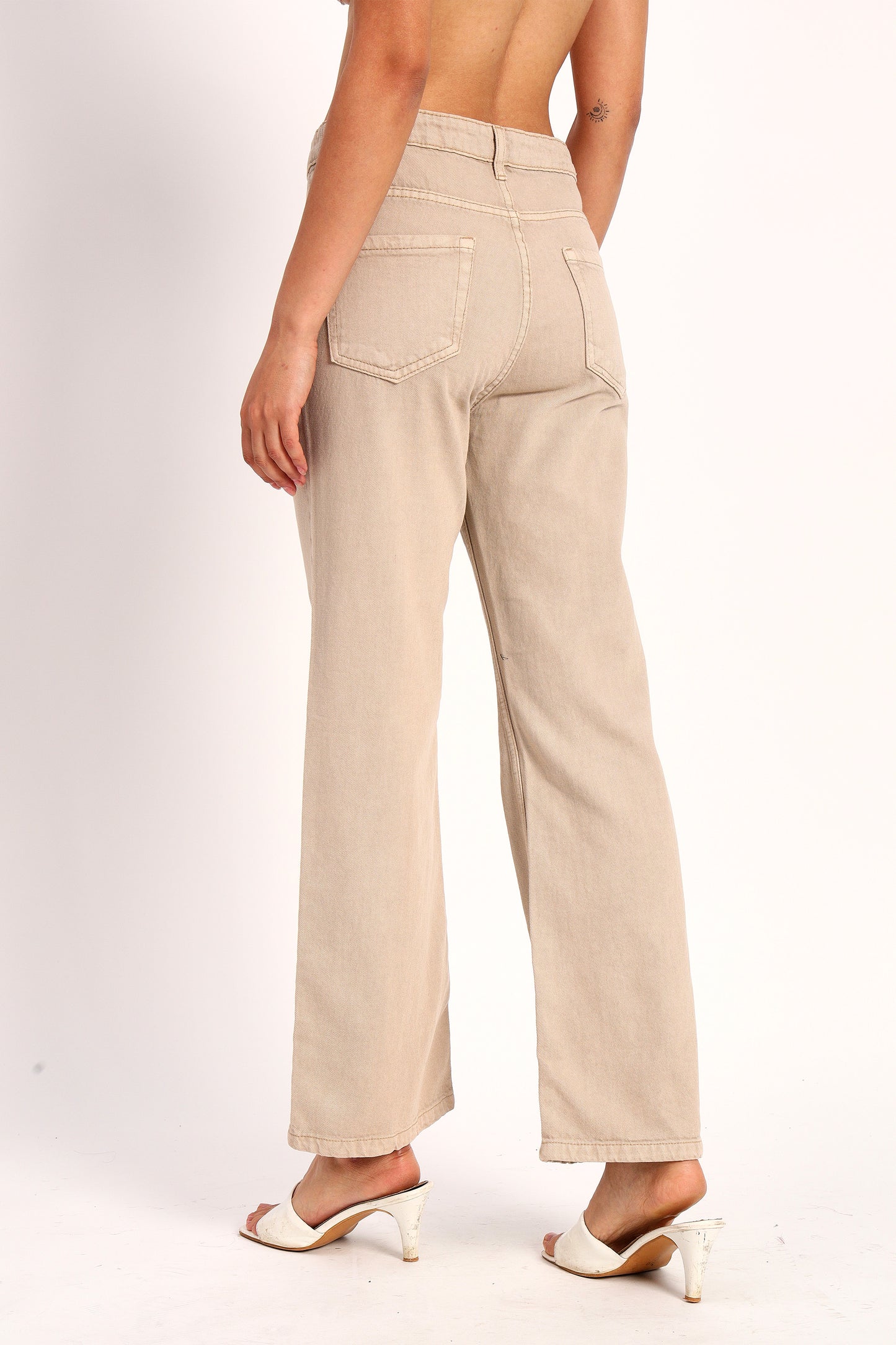 Beige Straight Fit Wide Leg Jeans