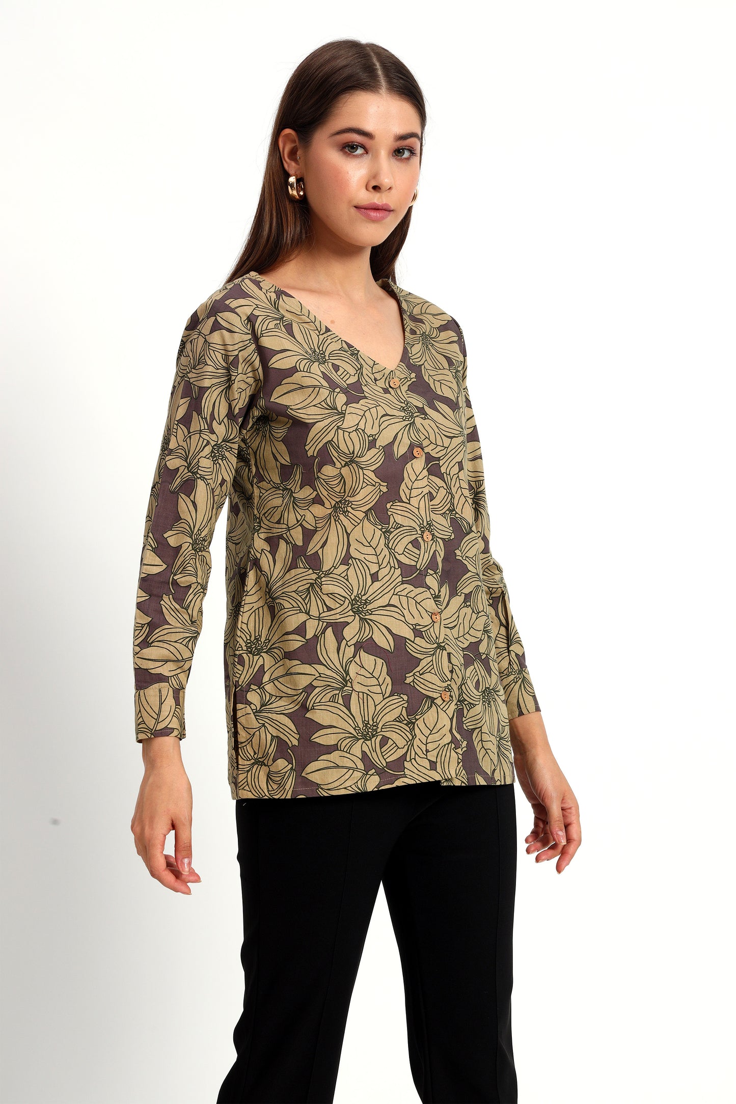 Dusty Plum Floral V Neck Shirt