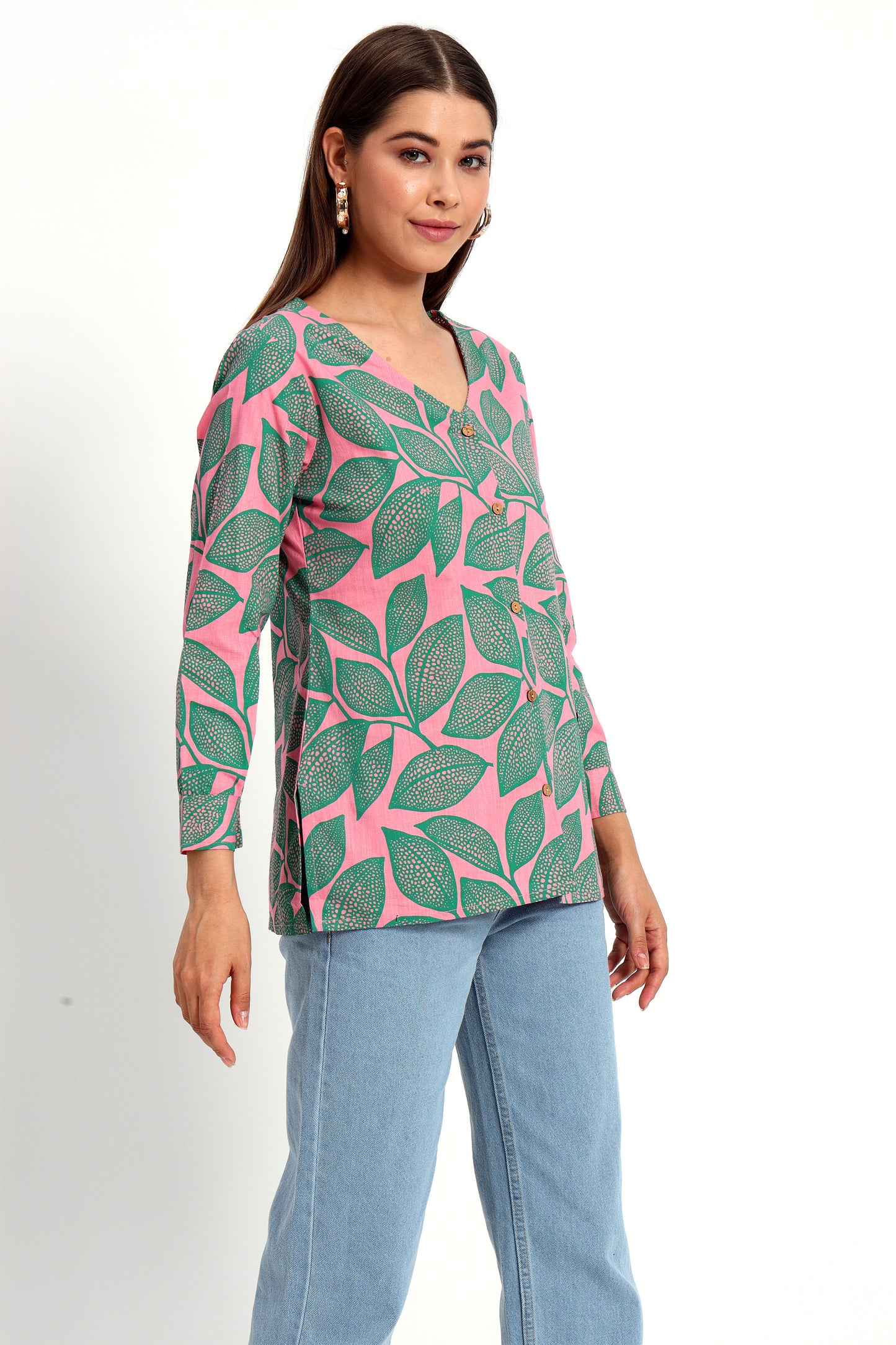 Pink Leafy V Neck Printed Shirt