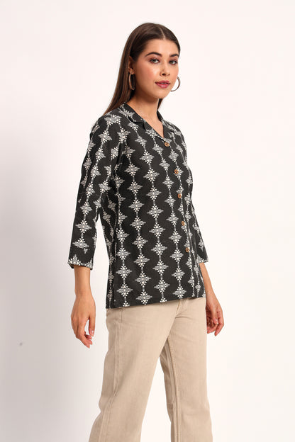 Black Tribal Print Lapel Collar Shirt