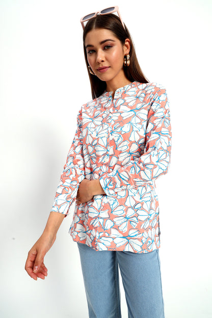 Floral Mandarin Collar Linen Shirt