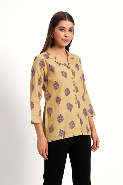 Khaki Printed Lapel Collar Shirt