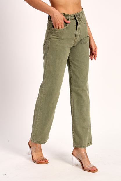 Olive Green Straight Fit Wide Leg Jeans