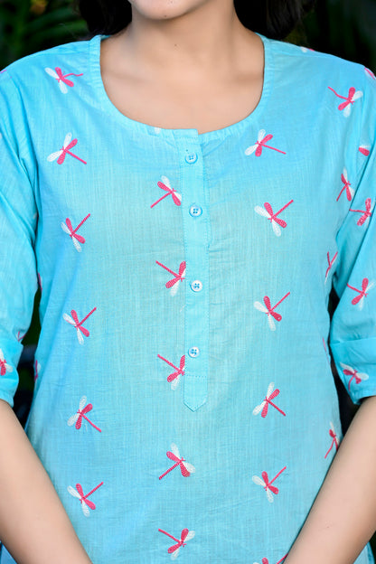 Blue Embroidered Cotton Top