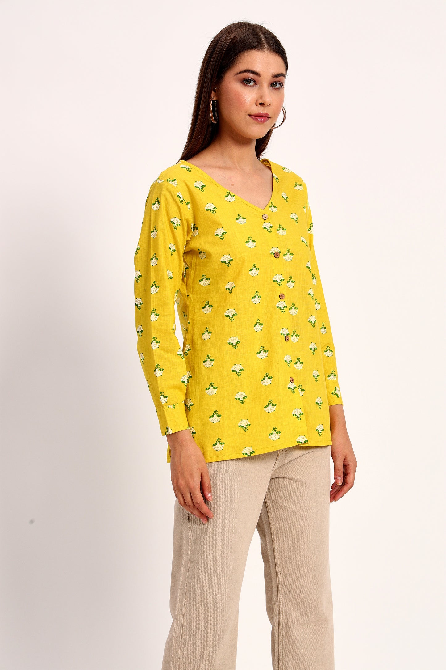 Yellow Floral Print V Neck Shirt