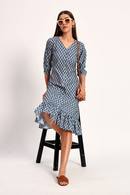 Navy Blue Printed A-line Dress