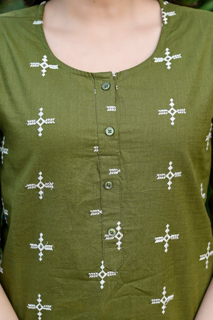 Olive Cotton Embroidered Top