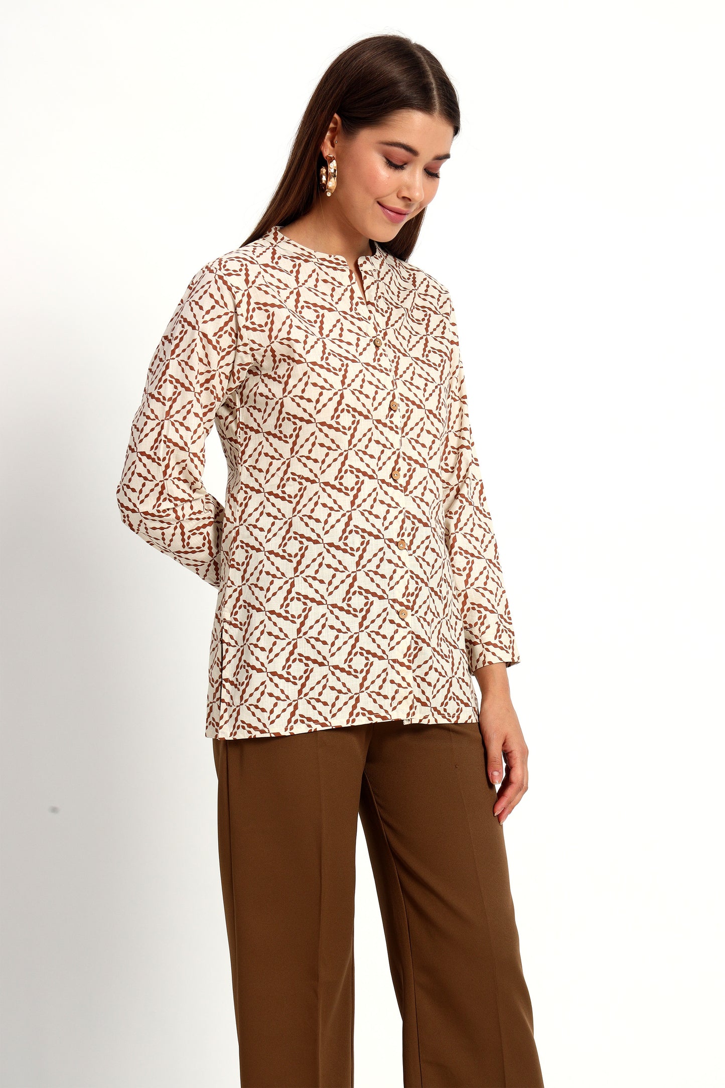 Printed Beige Mandarin Collar Shirt