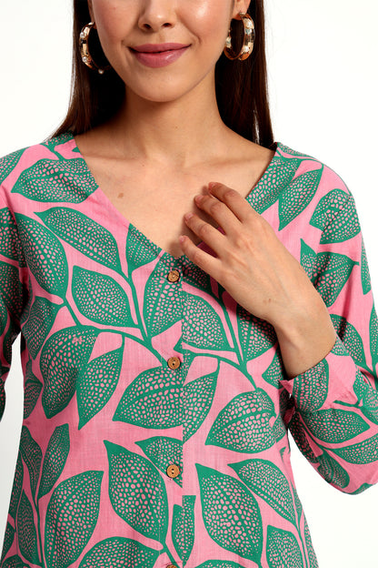 Pink Leafy V Neck Printed Shirt