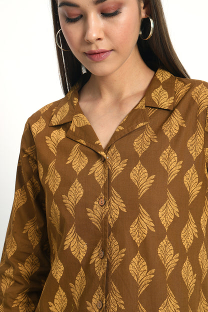 Brown Printed Lapel Collar Shirt