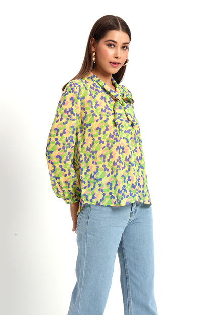 Yellow Petal Print Bow Shirt