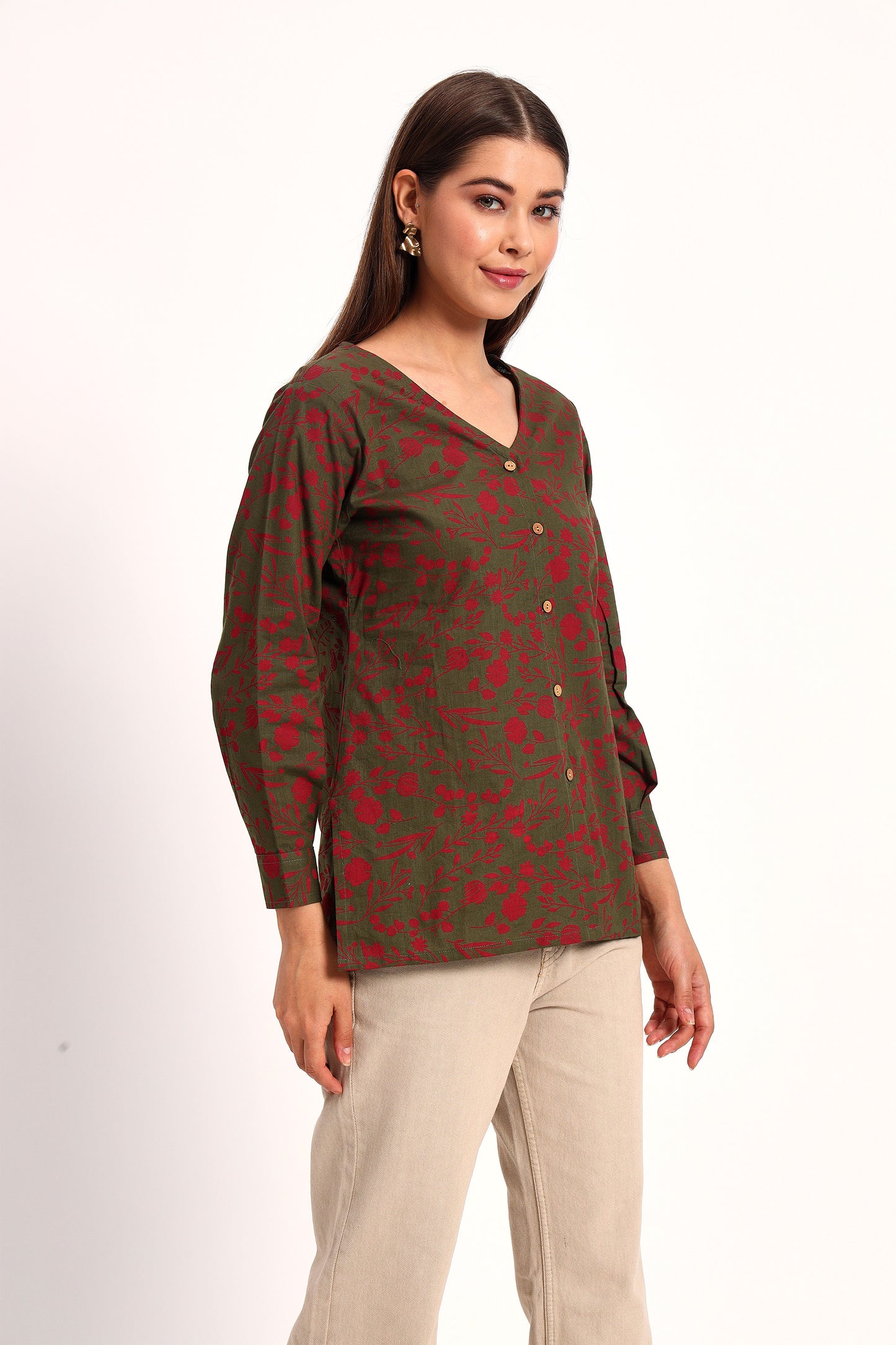 Olive V Neck Printed Shirt