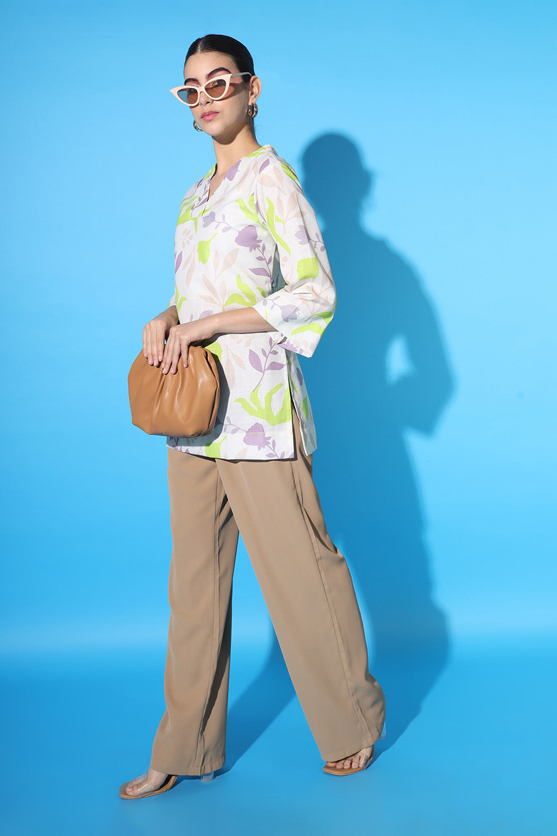 Leafy Printed Linen V-Neck Tunic