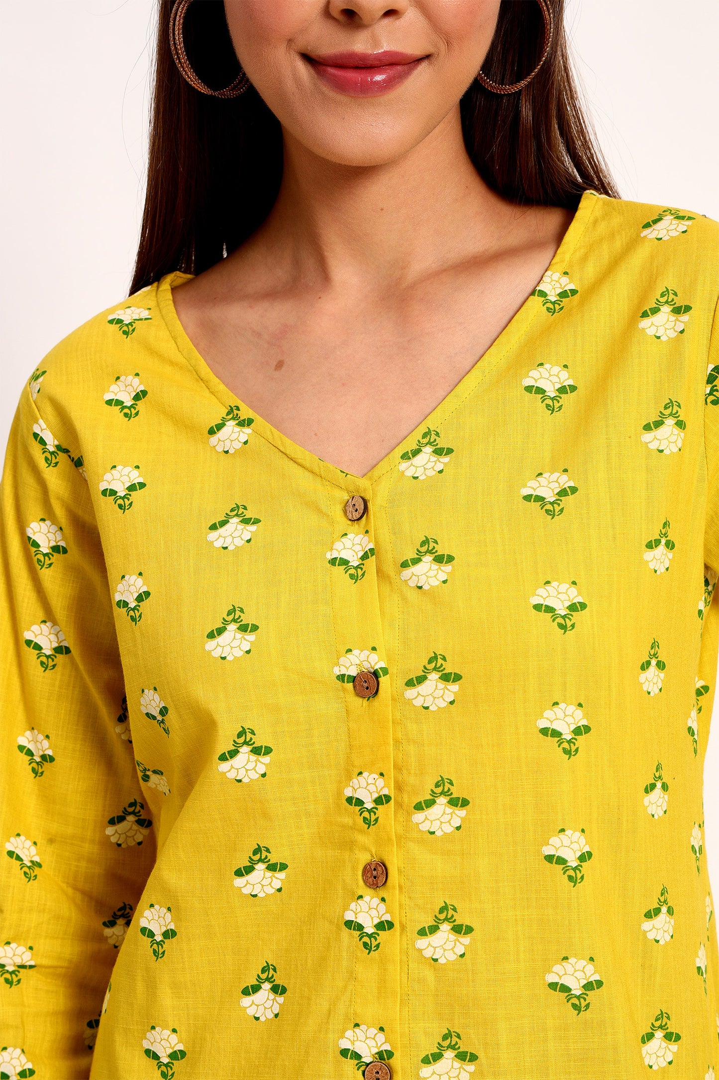 Yellow Floral Print V Neck Shirt