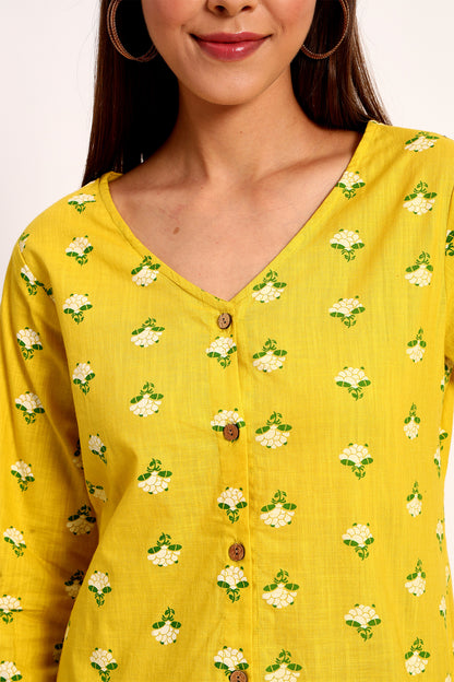 Yellow Floral Print V Neck Shirt