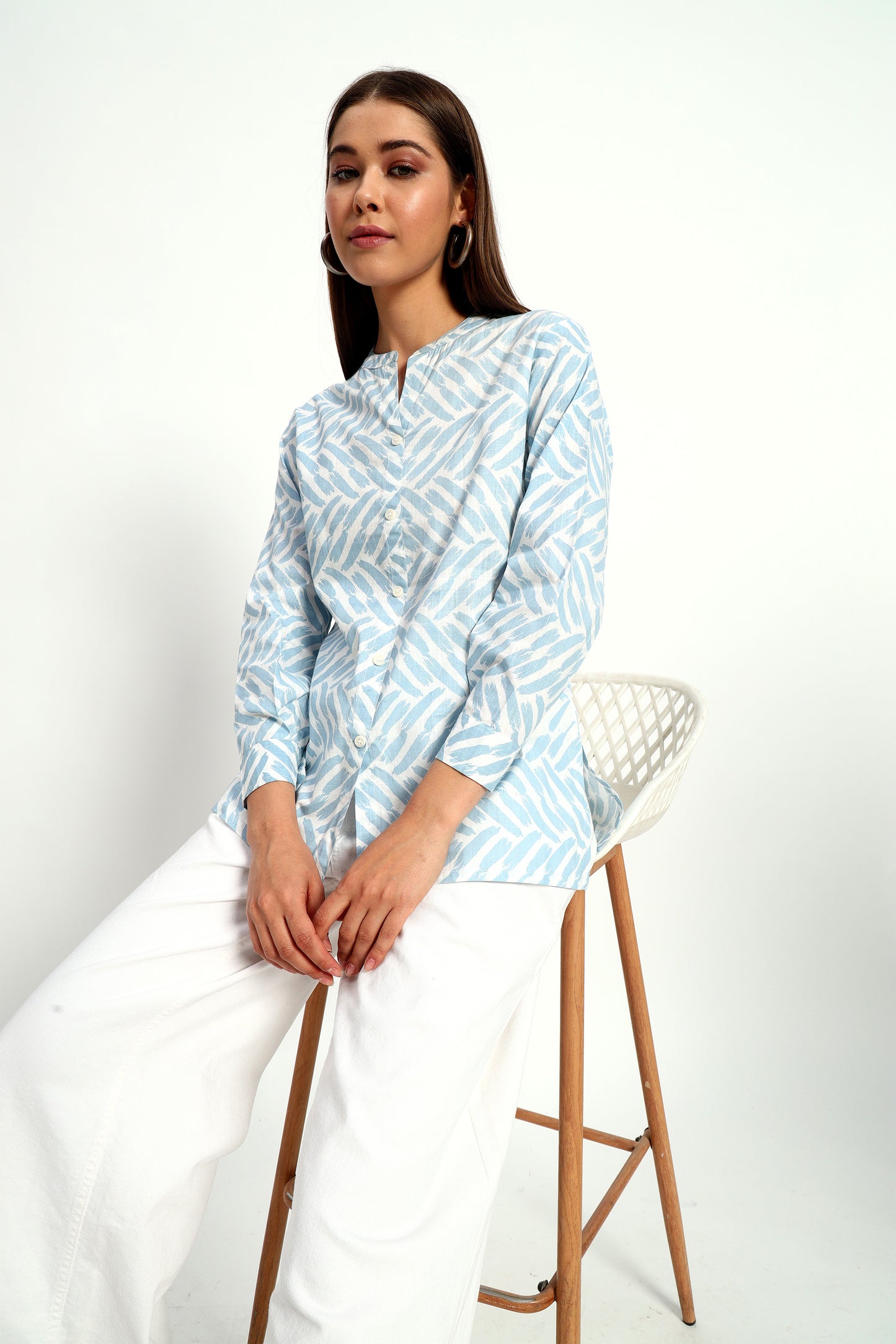 Printed Blue Mandarin Collar Shirt