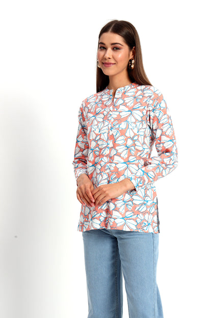 Floral Mandarin Collar Linen Shirt