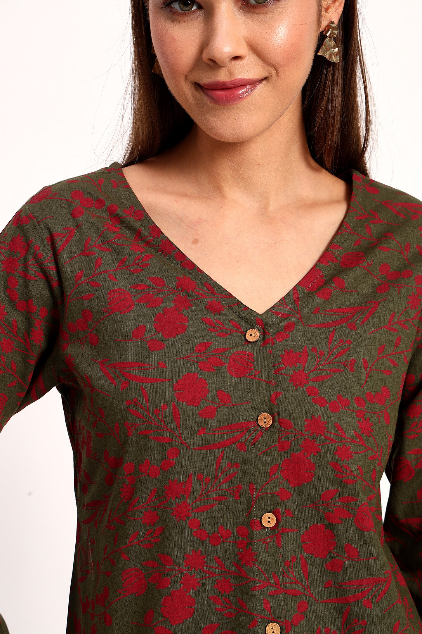 Olive V Neck Printed Shirt