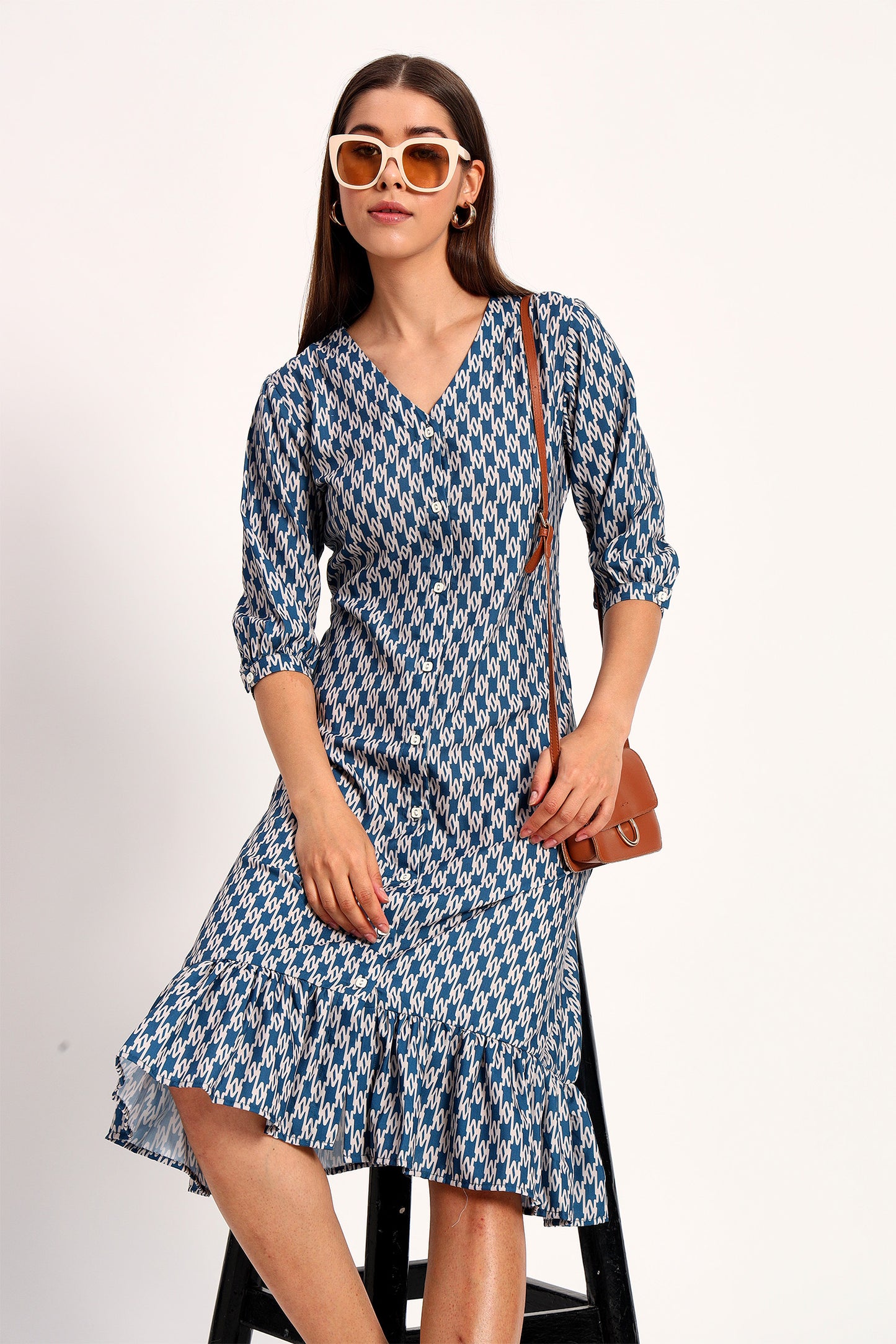 Navy Blue Printed A-line Dress