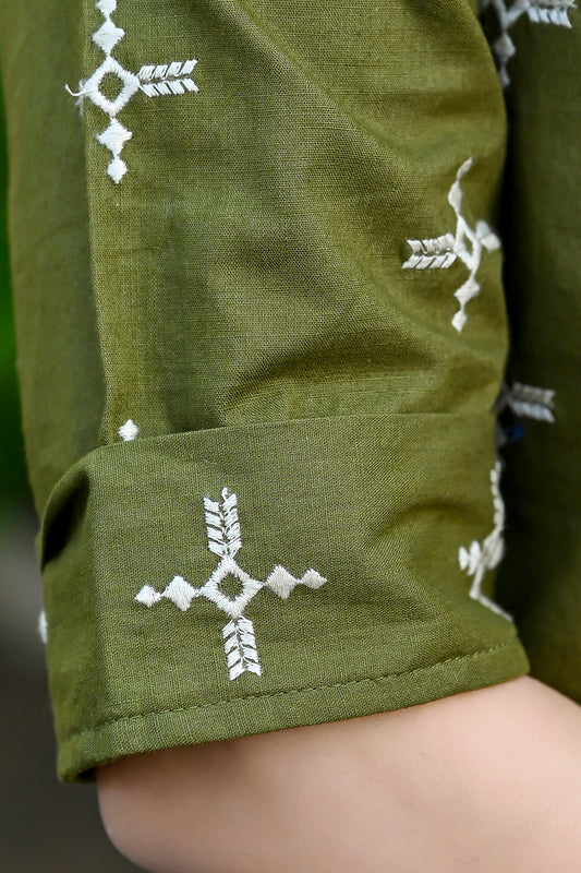 Olive Cotton Embroidered Top