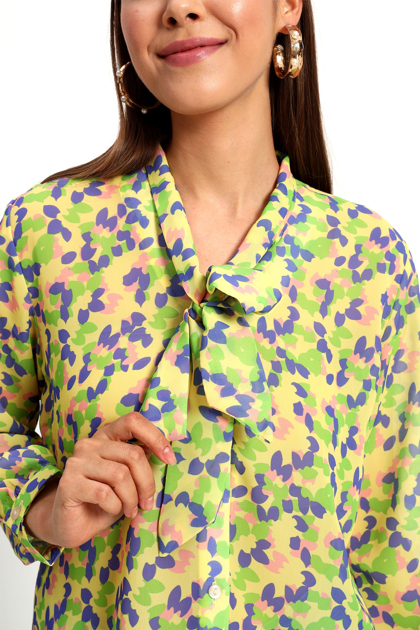 Yellow Petal Print Bow Shirt