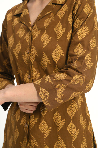 Brown Printed Lapel Collar Shirt