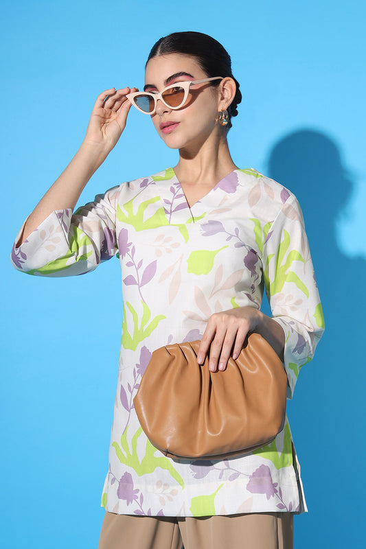 Leafy Printed Linen V-Neck Tunic