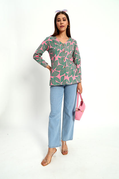 Pink Leafy V Neck Printed Shirt