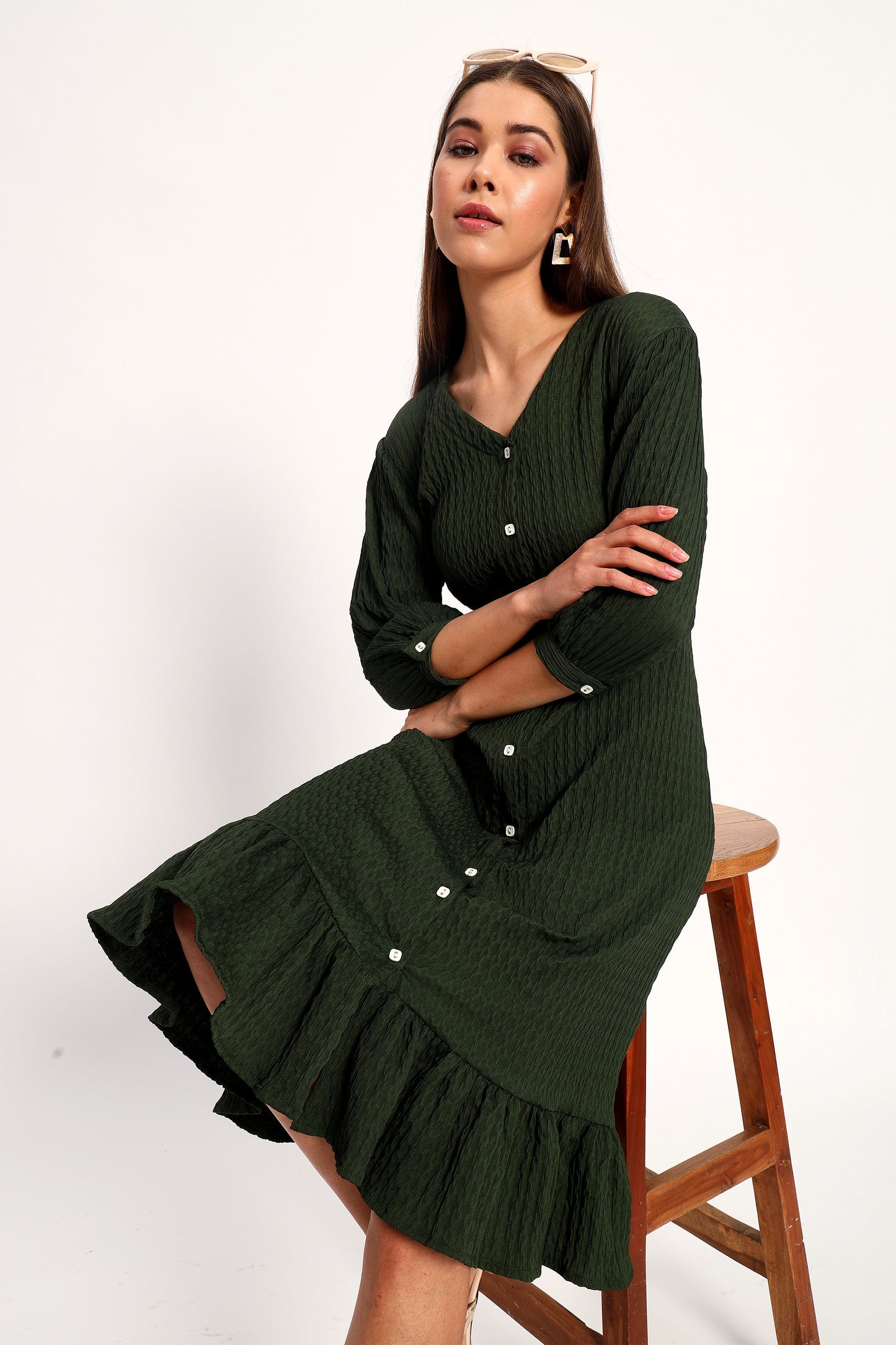 Wrinkle Olive A-line Dress