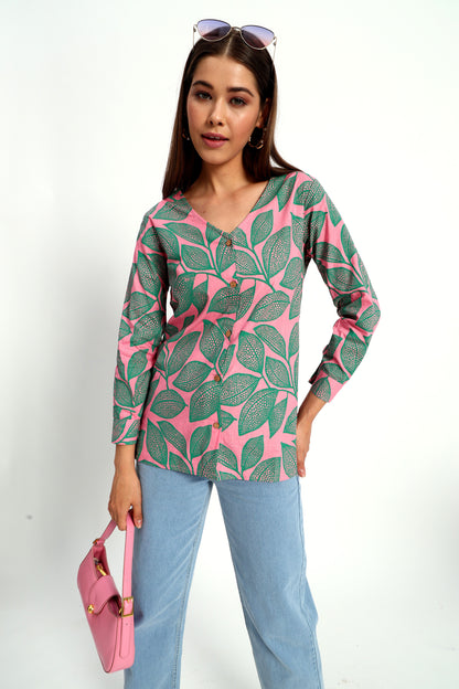 Pink Leafy V Neck Printed Shirt