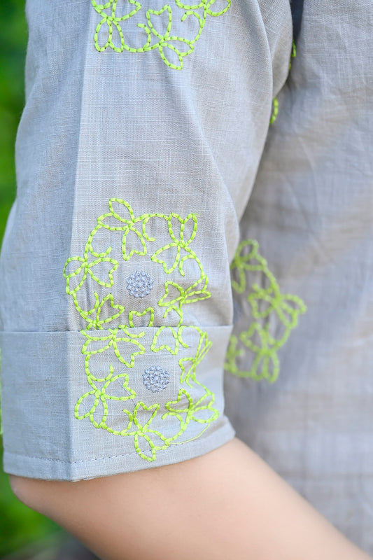 Grey Embroidered Cotton Top