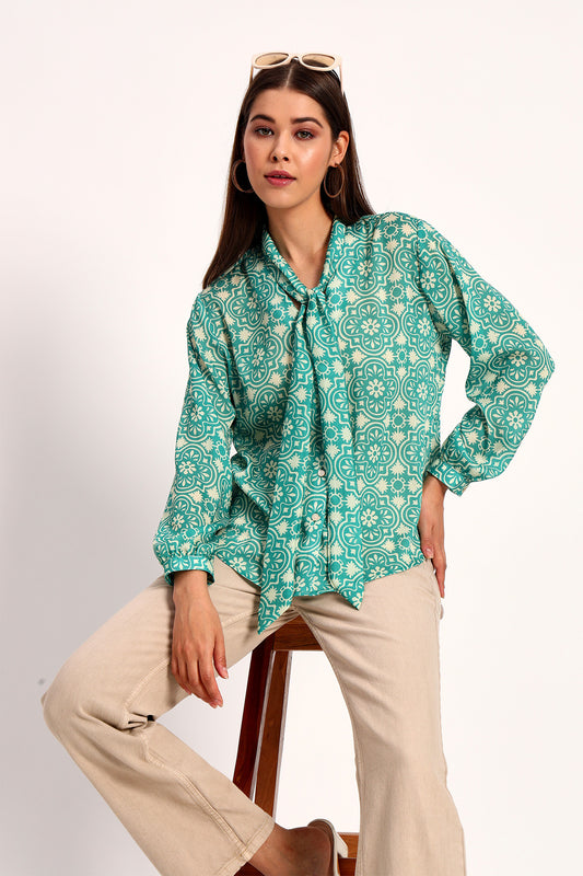 Green Damask Print Bow Shirt