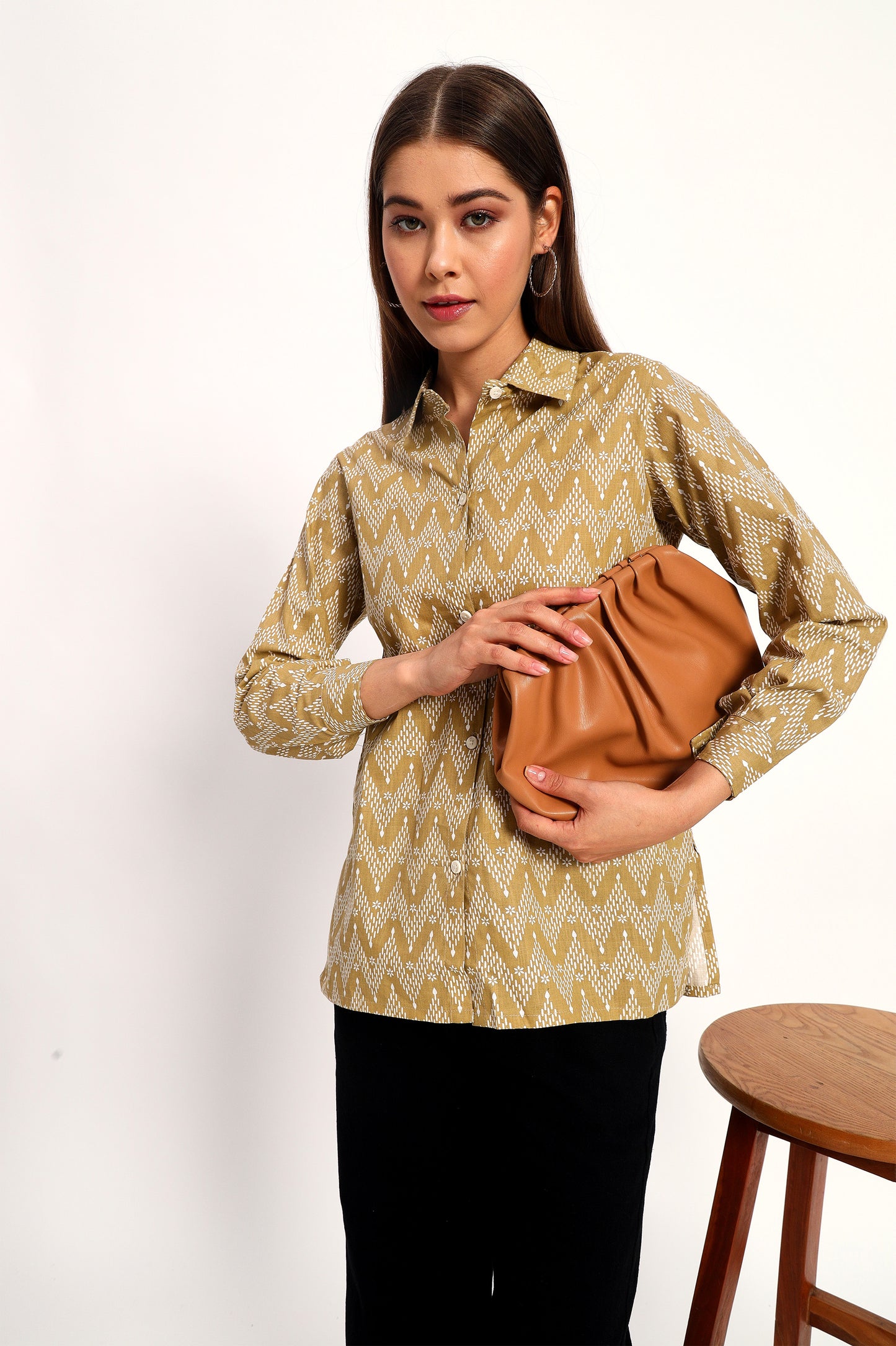 Khaki Zigzag Print Linen Shirt