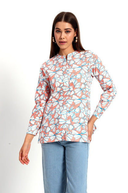 Floral Mandarin Collar Linen Shirt