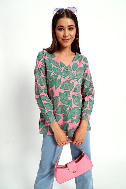 Pink Leafy V Neck Printed Shirt