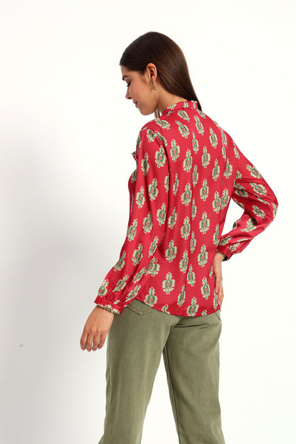 Cadmium Red Printed Bow Shirt