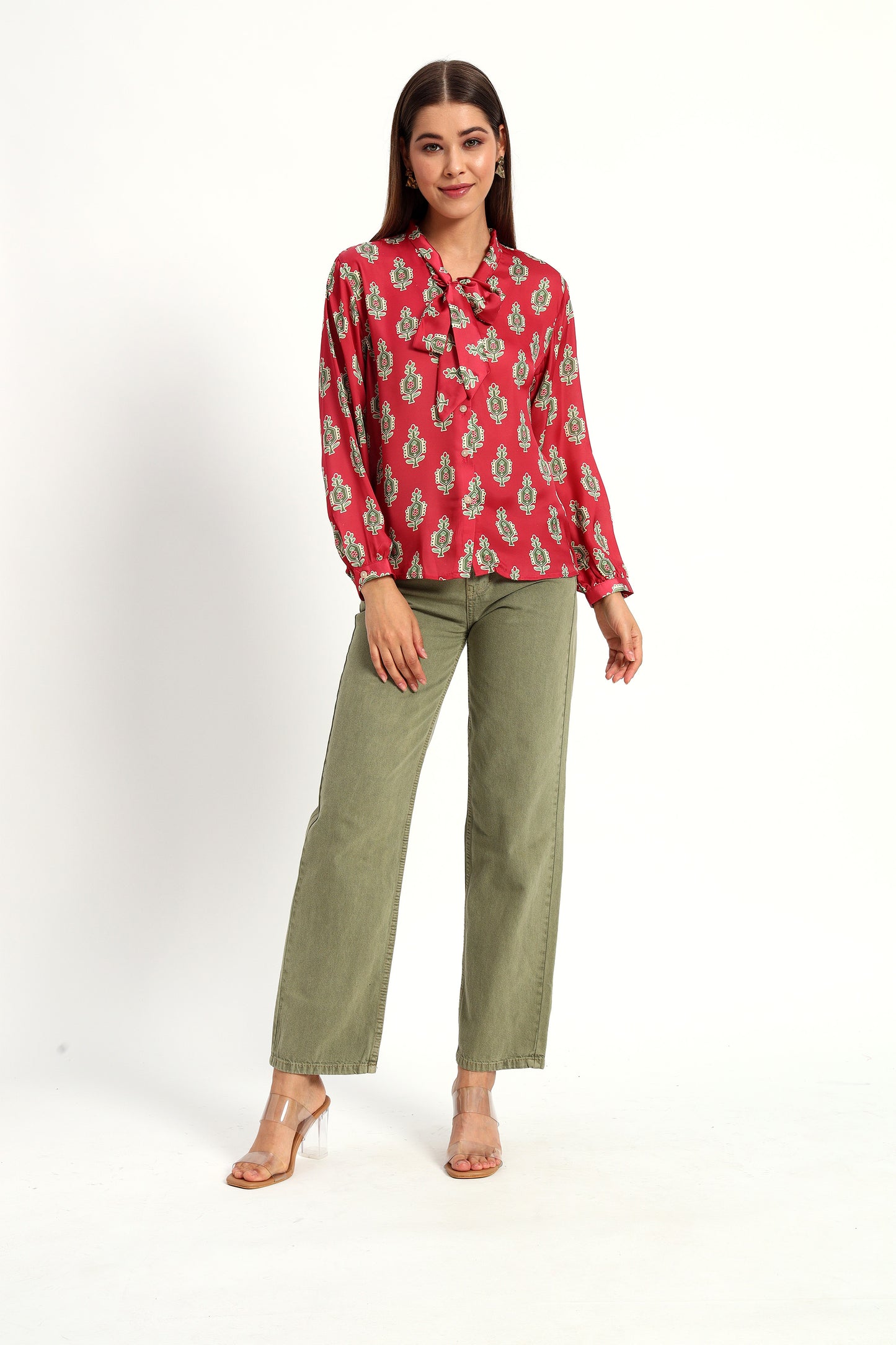 Cadmium Red Printed Bow Shirt