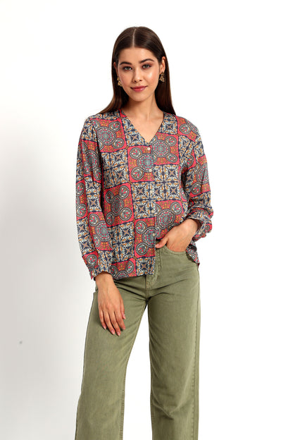 Aboriginal Print V Neck Shirt