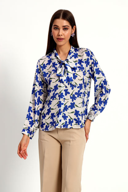 Blueberry Floral Print Bow Shirt