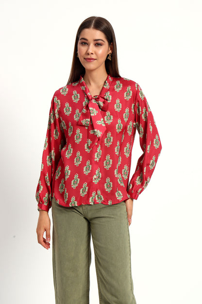 Cadmium Red Printed Bow Shirt