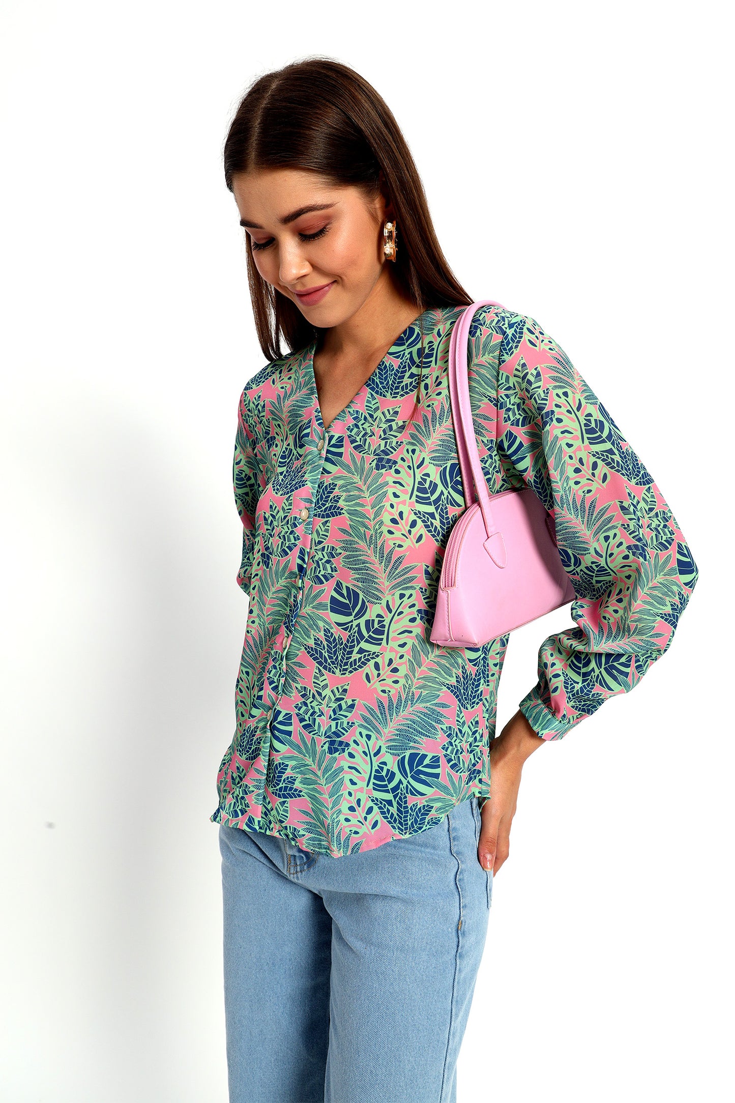 Bright Pink Leafy Print Shirt