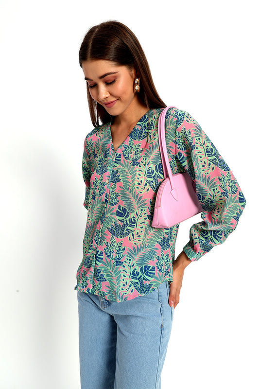 Bright Pink Leafy Print Shirt