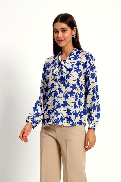 Blueberry Floral Print Bow Shirt