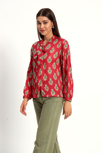 Cadmium Red Printed Bow Shirt