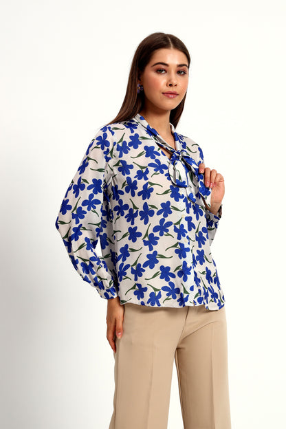 Blueberry Floral Print Bow Shirt