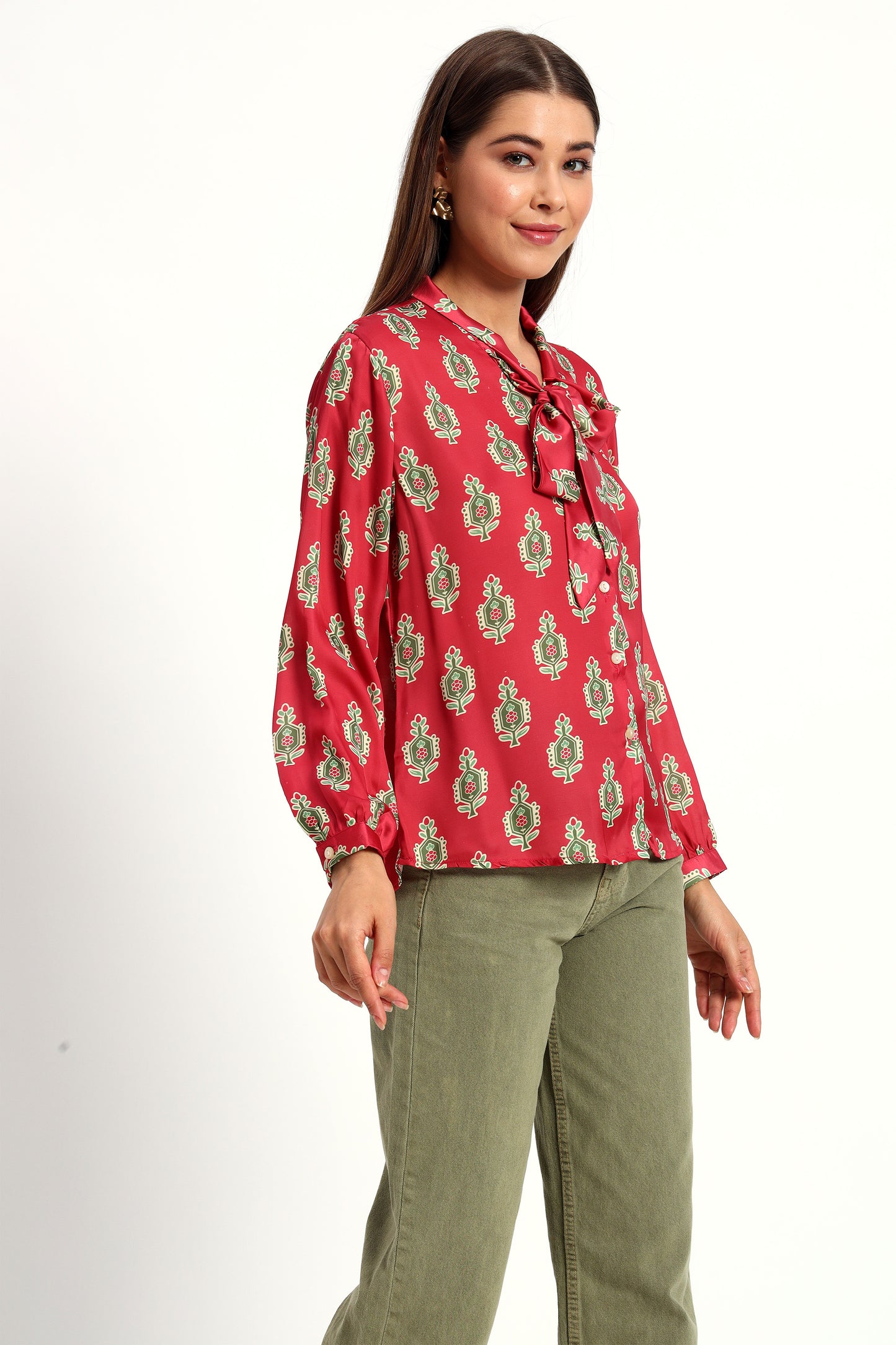 Cadmium Red Printed Bow Shirt