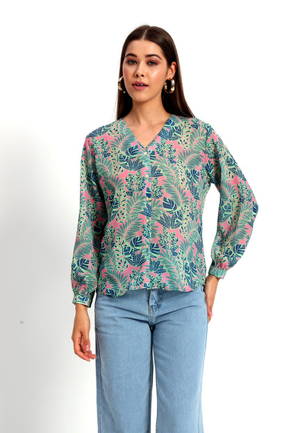 Bright Pink Leafy Print Shirt