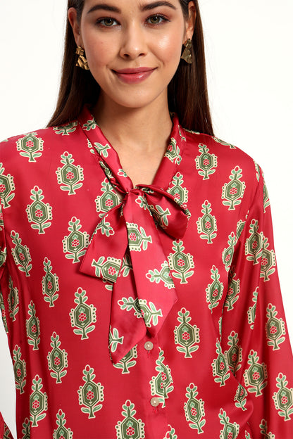 Cadmium Red Printed Bow Shirt