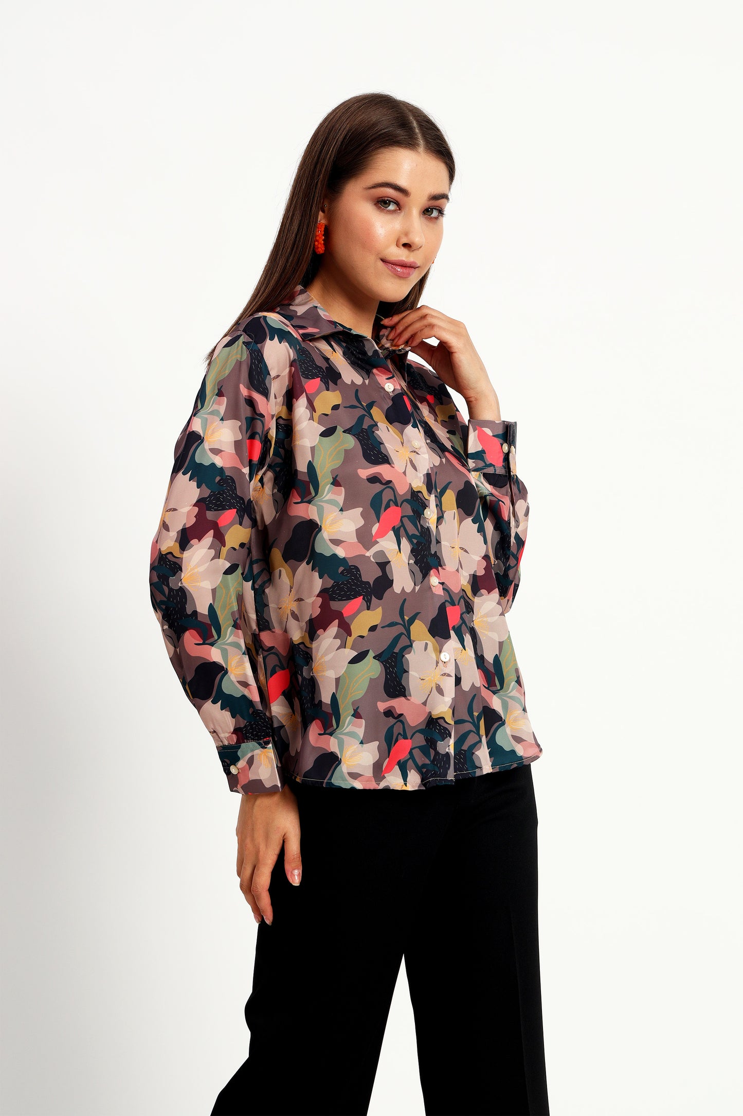 Brown Floral Print Satin Shirt